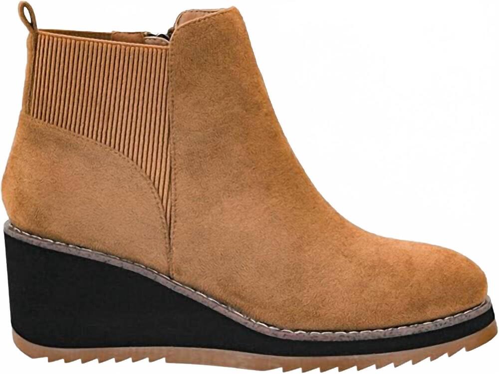 NEW CORKYS FOOTWEAR women's let's get lost faux suede wedge booties in camel